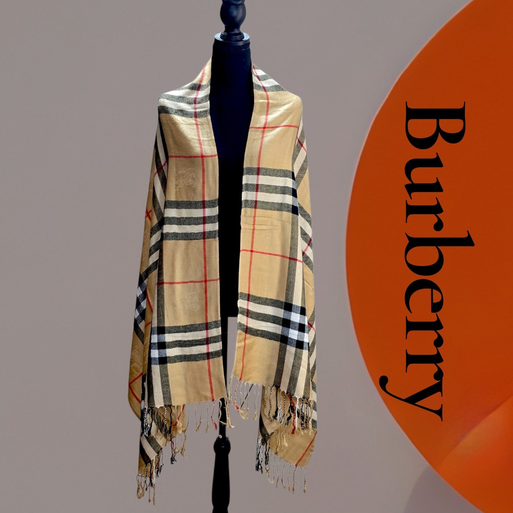 Burberry Scarf Unisex OS Tan Cashmere Silk Nova Check London Fringe Luxury Vtg